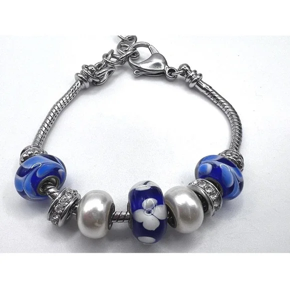 Blue Charm Bead Bracelet Silver Tone Adjustable 7–8.5" Rhinestone Accents - Picture 3 of 4